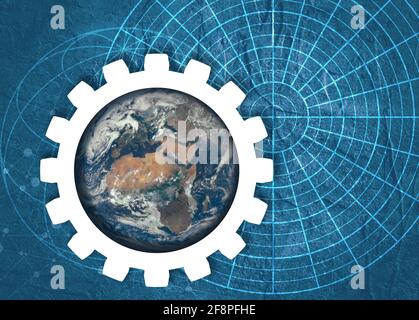 Alte Hintergrundtextur des Blaupausen. Technisches Hintergrundpapier. Erdkugel in Ausrüstung auf Beton texturierter Kulisse. Elemente dieses Images, die von NAS eingerichtet wurden Stockfoto