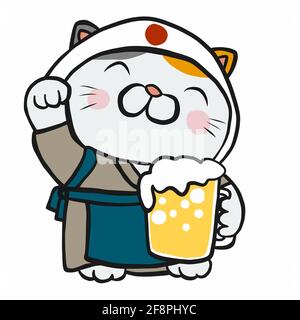 Japanische Glückskatze (Maneki Neko) Mit Bierkrug Cartoon Vektor Illustration Stock Vektor