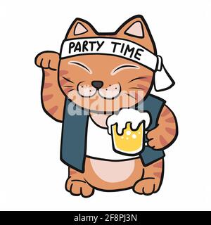 Japanische Glückskatze (Maneki Neko) Mit Bierkrug Cartoon Vektor Illustration Stock Vektor