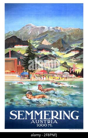 Restauriertes Vintage-Reisesoster.Semmers - Österreich - 1000m. Künstler unbekannt. Poster veröffentlicht im Jahr 1928. Stockfoto