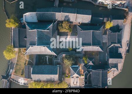 Luftlandschaften der antiken Gebäude in Jinxi, einer historischen Kanalstadt im Südwesten von Kunshan, Provinz Jiangsu, China Stockfoto