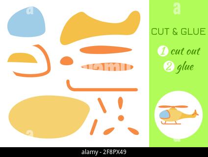 Schneiden und kleben Papier Cartoon gelben Hubschrauber. Seite „Craft Activity“ ausschneiden und einfügen. Pädagogisches Spiel für Kinder im Vorschulalter. DIY-Arbeitsblatt. Kinder Logik ga Stock Vektor