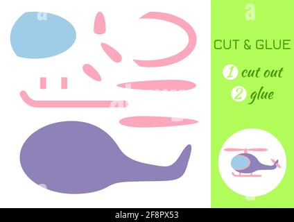 Schneiden und kleben Papier Cartoon violett Hubschrauber. Seite „Craft Activity“ ausschneiden und einfügen. Pädagogisches Spiel für Kinder im Vorschulalter. DIY-Arbeitsblatt. Kinder Logik ga Stock Vektor