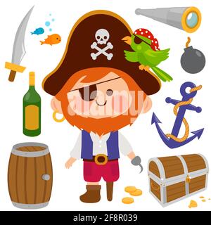 Ein bärtiger Piratenkapitän mit einem Haken und einem Holzbein und anderen Piraten-Illustrationen. Illustrationssatz Stockfoto