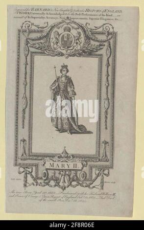 Maria II., Königin von England als Königin: Volle Figur stehend, von rechts ins Gesicht; mit Krone, Perlenhalsband; in Decollet. Kleid mit floral gemustertem Rockteil; darüber Hermeling gerader Rockschaukel, über die halblangen Ärmel in zungenförmigen Ansätzen; Zepter rechts, links unten bis Herelin Rand; in rechteckigem Rahmen mit dekorativen Rändern und dekorativen Einschlüssen; Oben in der Mitte in Runde, mit Acanthusgirlands und Lorbeerbästen Pflanzen-Nische ihre ovale Allianz Wappen in einem etwas größeren Oval, von Löwen und Einhorn gehalten; unten Mitte acanthus kontrollierte Schrift wit Stockfoto
