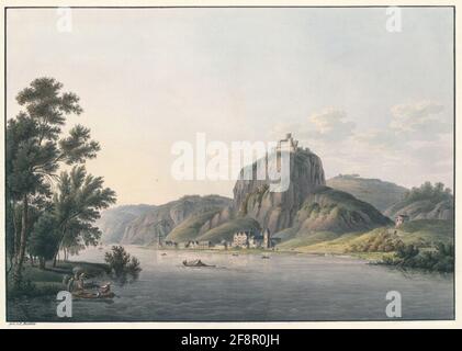 BRAUBACH MIT SCHLOSSE MARKSBURG AM RHEIN. Blick auf Braubach mit dem Schloss MARKSBOURG am Rhein. Stockfoto