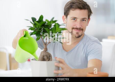Junger Mann kümmert sich um die Zimmerpflanzen Stockfoto