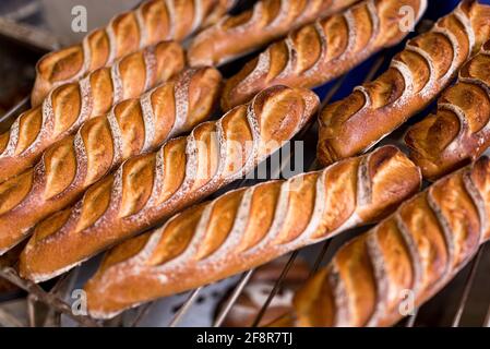 Dekorierte Brotlaibe und Baguettes auf Schaufel, die aus dem rüber in der Bäckerei kommen. Brotbackkonzept mit Warm Stockfoto