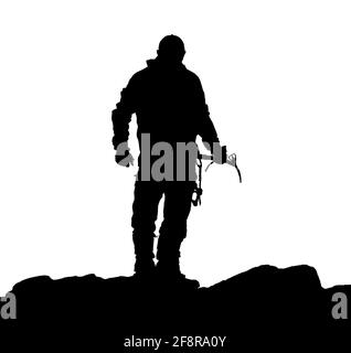Schwarze Silhouette des Kletterers mit Eispickel in der Hand Der weiße Hintergrund Stockfoto