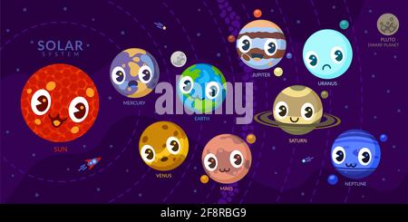 Lustige Kawaii Planeten Mit Verschiedenen Gesichtern. Universum Für Kinder Sonne Mars Merkur Erde Venus Jupiter Saturn Uranus Neptun Pluto Stock Vektor
