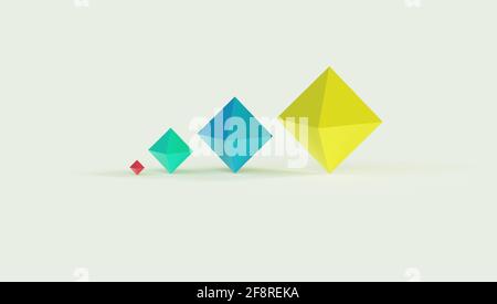 Vier maßstabsgetreue diamantförmige Objekte in vier verschiedenen Farben, die in einer Linie angeordnet sind und auf einem weißen Hintergrund auf einer Ecke stehen. Mehrzweck-Webbanner Stockfoto