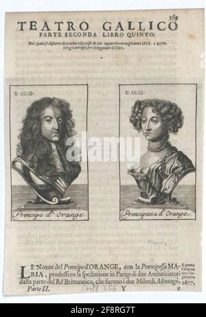 Wilhelm III., Prinz von Oranien, König von England zur Zeit seiner Ehe (Nov 1677), in Form einer nach unten verjüngten, volutalen Büste: Die Hälfte der rechten, mit allon Perücke, Oberlippenbrise; in Harnic, mit Top-Jabot, ferrand um die rechte Schulter; einschließlich Ital. Namensform; in rechteckiger Linienrahmung; außerdem seine Frau, neben Maria II., Königin von England: Halb von links; mit Perlenkette; geclustert; in beiden Porträt oben links Prägung des früheren Besitzers 'K. Akad.“ (Kais. Akademie). Kupferstich ohne Etikett in Buchseite mit Ital implementiert. Text von: Leti, Gregorio, T Stockfoto
