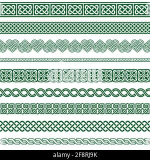 Irish Celtic Vektor nahtlose Vektor-Muster-Set, Rahmen und Rahmen-Sammlung, grüne geflochtene Ornamente für Grußkarten, St. Patrick's Day Feier Stock Vektor