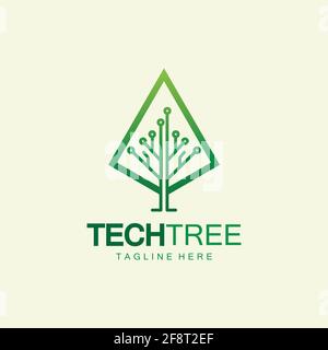 Tech-Baum-Logo-Konzept, grüne Netzwerk-Technologie-Logo-Vektor.Tech-Baum elektrische Vektorsymbol für digitales Logo der Schaltung Stock Vektor