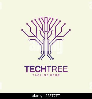 Tech-Baum-Logo-Konzept, grüne Netzwerk-Technologie-Logo-Vektor.Tech-Baum elektrische Vektorsymbol für digitales Logo der Schaltung Stock Vektor