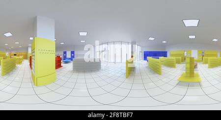 Sphärisches Panorama-Rendering des Geschäfts, Innenvisualisierung, 3D-Illustration Stockfoto