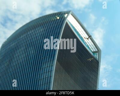 Ein Möwenpaar fliegt über die Vorderseite eines Wolkenkratzers, vor einem strahlend blauen Himmel mit flauschigen weißen Wolken, ein Symbol für das positive des Stadtlebens Stockfoto