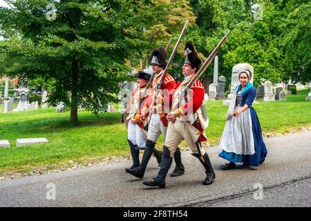 Militärparade während der Schlacht von Brooklyn. Greenwood Friedhof New York. Die Schlacht von Brooklyn, die 1776 auf dem heutigen Land ausgetragen wurde Stockfoto