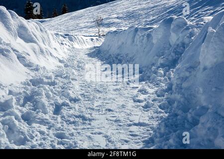 Trail in den schneebedeckten Bergen im Winter Stockfoto