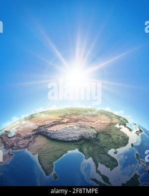 Die Sonne scheint über einer hoch detaillierten Ansicht des Planeten Erde, fokussiert auf Ostasien, China und den Himalaya. 3D-Illustration - von der NASA eingerichtete Elemente Stockfoto