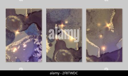 Violett- und Goldmuster mit Geodentextur und Glitzern. Abstrakter Vektor-Hintergrund in der Alkoholtinte-Technik. Moderne Farbe mit Glitzer. Satz Bac Stock Vektor
