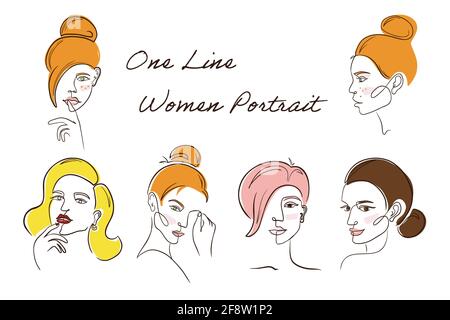 Kontinuierliche Linie Zeichnung bunte Frauen Gesichter in minimalen Linie Stil gesetzt. Eine Linie Kunst. Lineares weibliches Porträt. Junge Mädchen Gesicht flache Vektor-Illustration isoliert auf weißem Hintergrund Stock Vektor