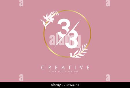 Nummer 33 3 Logo-Design mit goldenem Kreis und weißen Blättern auf Ästen. Vektor-Illustration mit der Nummer 3 für Personal Branding, Corporate, BU Stock Vektor