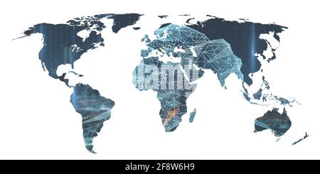 Abstrakter Technologiehintergrund. Digitale Weltkarte mit Linien und Punkten auf weißem Hintergrund Stockfoto