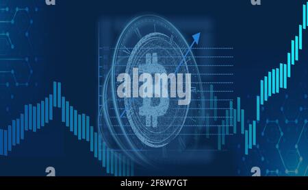 Global Bitcoin Kryptowährung futuristische Technologie abstrakter Hintergrund 3d-Illustration mit Diagrammen und Grafiken Hintergrund. Stockfoto