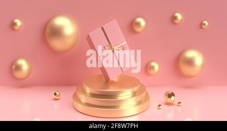 3d-Rendering von Podium und Geschenkbox auf rosa Hintergrund Stockfoto