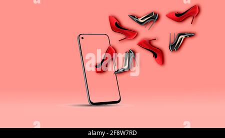 Online-Shopping-Konzept mit Smartphone und Schuhen auf rosa Hintergrund. 3d-Rendering Stockfoto