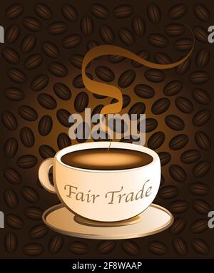 Fair-Trade-Kaffee in einer cremefarbenen Porzellanbecher, Kaffeebohnen Hintergrund. Stockfoto