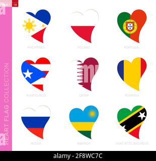 Сollection von Flaggen in Form eines Herzens. 9 Herzsymbol mit Flagge des Landes Philippinen, Polen, Portugal, Puerto Rico, Katar, Rumänien, Russland, Rwa Stock Vektor