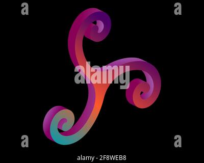 Triskele 3d isometrisches Symbol mit auf schwarzem Hintergrund isoliertem Verlauf. Symbol für dreifache Spirale. Keltisches Schild für den Druck auf Papier, Banner und Werbung Stock Vektor