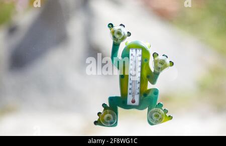 Das Thermometer auf Fensterscheiben zeigt an, dass die Temperatur im Freien heiß ist. Thermometer am Sommertag zeigen hohen Temperaturgrad an Stockfoto