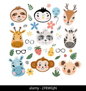 Stellen Sie Gesichter von Tieren, Früchten, Blumen, Blättern Stock Vektor