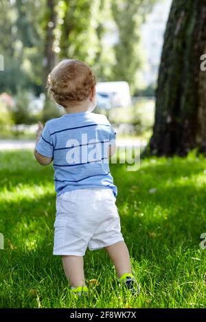 Kleiner Junge spielt im Stadtpark, Rückansicht. Das Konzept einer glücklichen Kindheit, sommerliche Erholung im Freien, Sommerurlaub Stockfoto