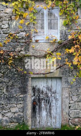 Vorderseite eines alten ländlichen Steinhauses mit dem typischen arbor über der Eingangstür in Lugo Galicia Stockfoto