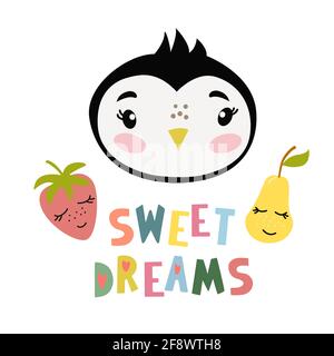Niedliches Pinguin-Gesicht mit Schriftzug - süße Träume Stock Vektor
