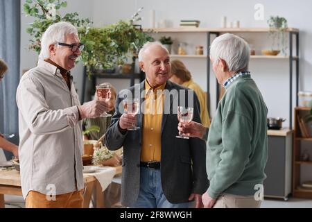 Gruppe älterer Männer, die während des Gesprächs Rotwein trinken Ein Meeting Stockfoto