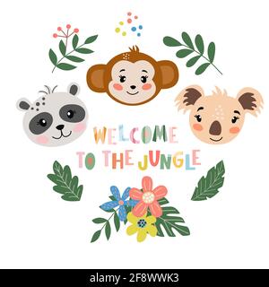 Niedliche Tiergesichter - willkommen im Dschungel Stock Vektor