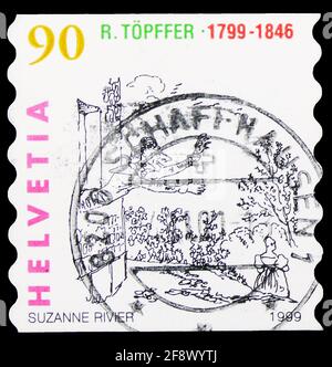 MOSKAU, RUSSLAND - 1. OKTOBER 2019: Die in der Schweiz gedruckte Briefmarke zeigt Zeichnungen aus 'die Liebesabenteuer des Monsieur Vieux Bois', Rodolphe Töp Stockfoto