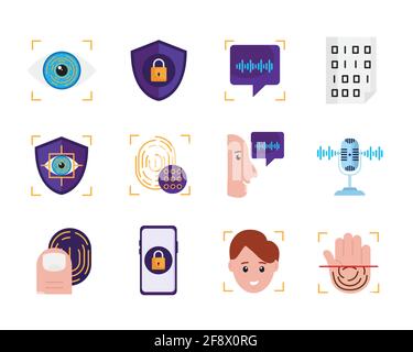 Zwölf Symbole für die biometrische Verifizierung Stock Vektor