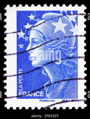 MOSKAU, RUSSLAND - 1. OKTOBER 2019: Die in Frankreich gedruckte Briefmarke zeigt Marianne von beaujard, No Face Value, Serie, um 2008 Stockfoto