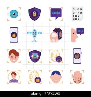 Sechzehn Symbole für die biometrische Verifizierung Stock Vektor