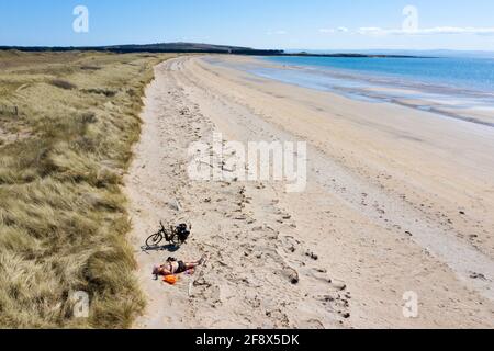 Fife, Schottland. 15 2021. April: Am Tag vor Aufhebung der Reisebeschränkungen in Schottland macht ein einbunter Sonnenanbeter das Beste aus der ruhigen Sperrzeit und sonnt sich am Dumbarnie Links Beach, Fife, Schottland. Quelle: Ian Rutherford/Alamy Live News Stockfoto