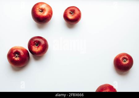 Reife saftige rote Viskose-Galaäpfel auf grauem Hintergrund. Draufsicht. Flach liegend. Stockfoto