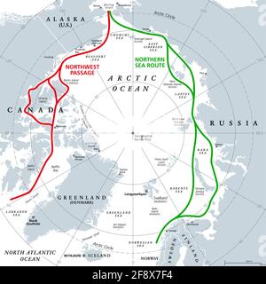 Meeresrouten im Arktischen Ozean, graue politische Karte. Arktische Schifffahrtsrouten. Nordwestpassage und Nordseestraße. Seewege, die von Schiffen genutzt werden. Stockfoto