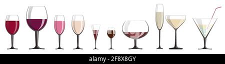 Ein Set aus Gläsern in verschiedenen Formen mit einer Vielzahl von Weinen und leichten alkoholischen Getränken. Stock Vektor
