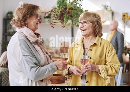Zwei lächelnde ältere Frauen, die miteinander reden und trinken Rotwein beim Treffen Stockfoto